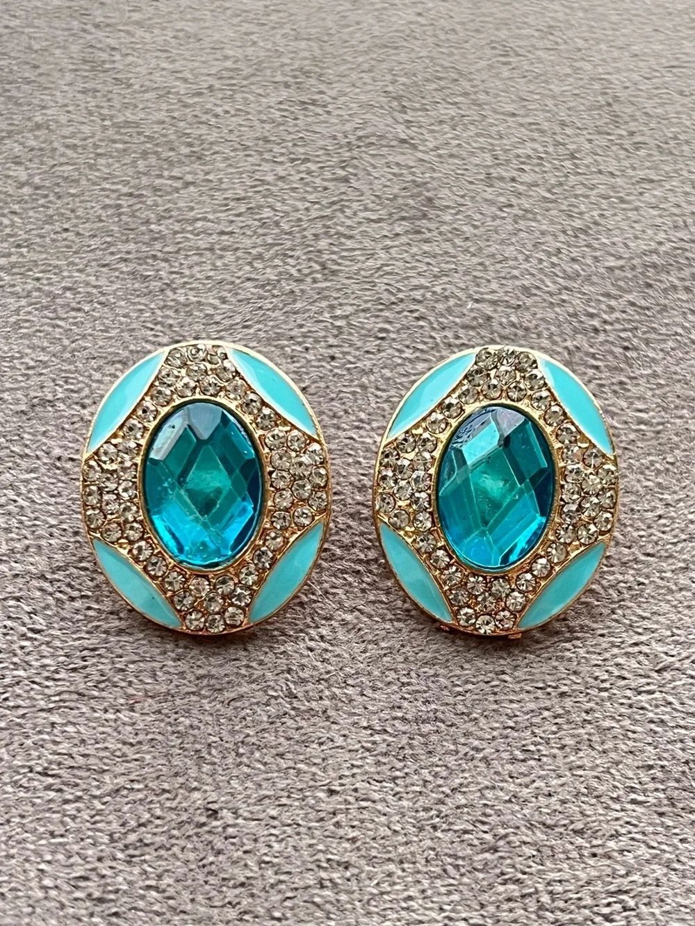 Turquoise Enamel Crystal Oval Vintage Style Stud Earrings
